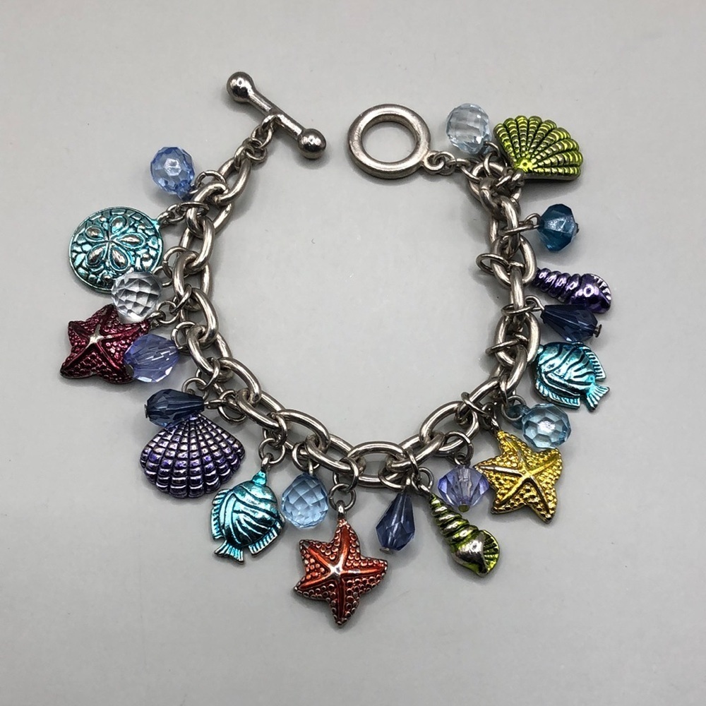 Vintage 90's colorful enamel ocean beach sea side dangle charm chain bracelet.